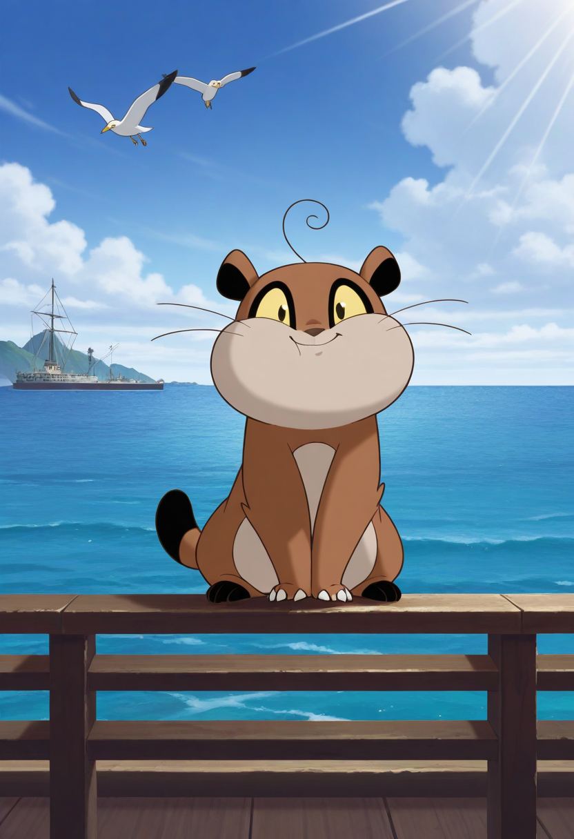 17366348-3735686076-no humans, animal focus, 1other, day, sunlight, full body, light smile, looking at viewer, sitting on railing, facing viewer, ca.png